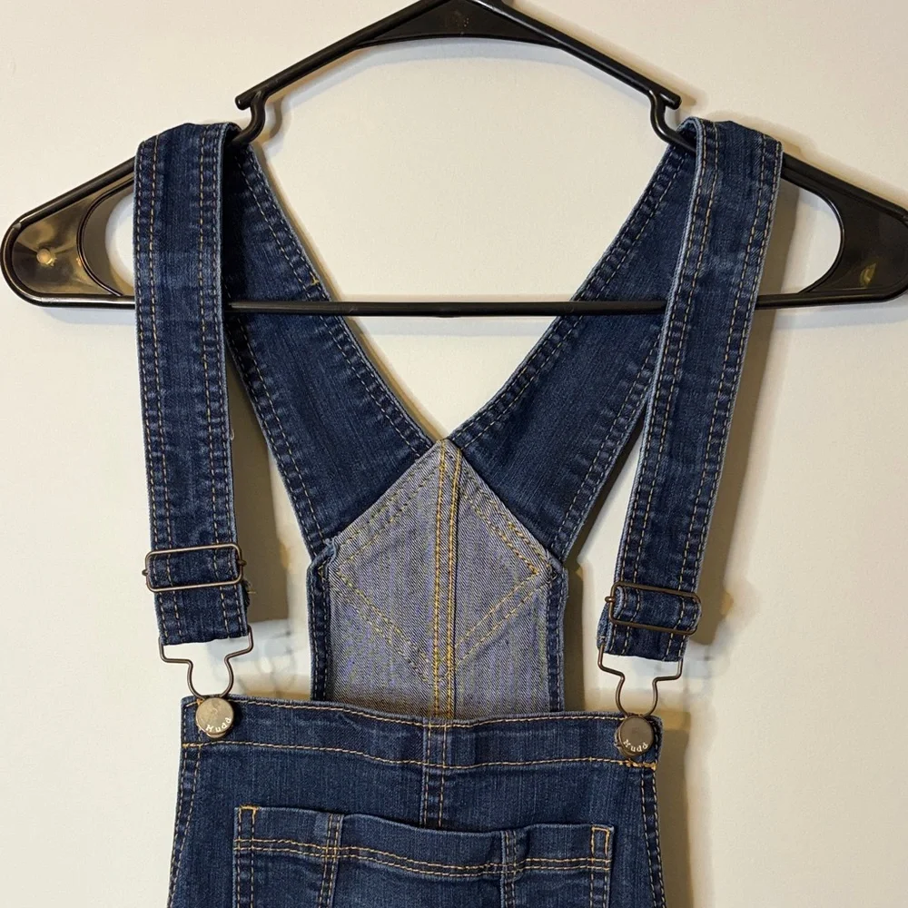 Mudd Dark Blue Denim Overall Shorts Floral Pockets Medium - Picture 4 of 9